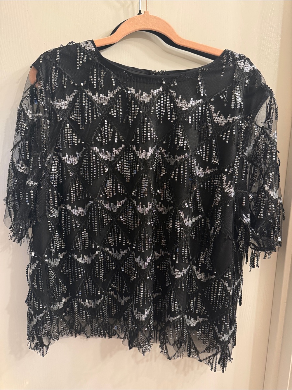 Arula Black Sequin Fringe Mesh Party Top